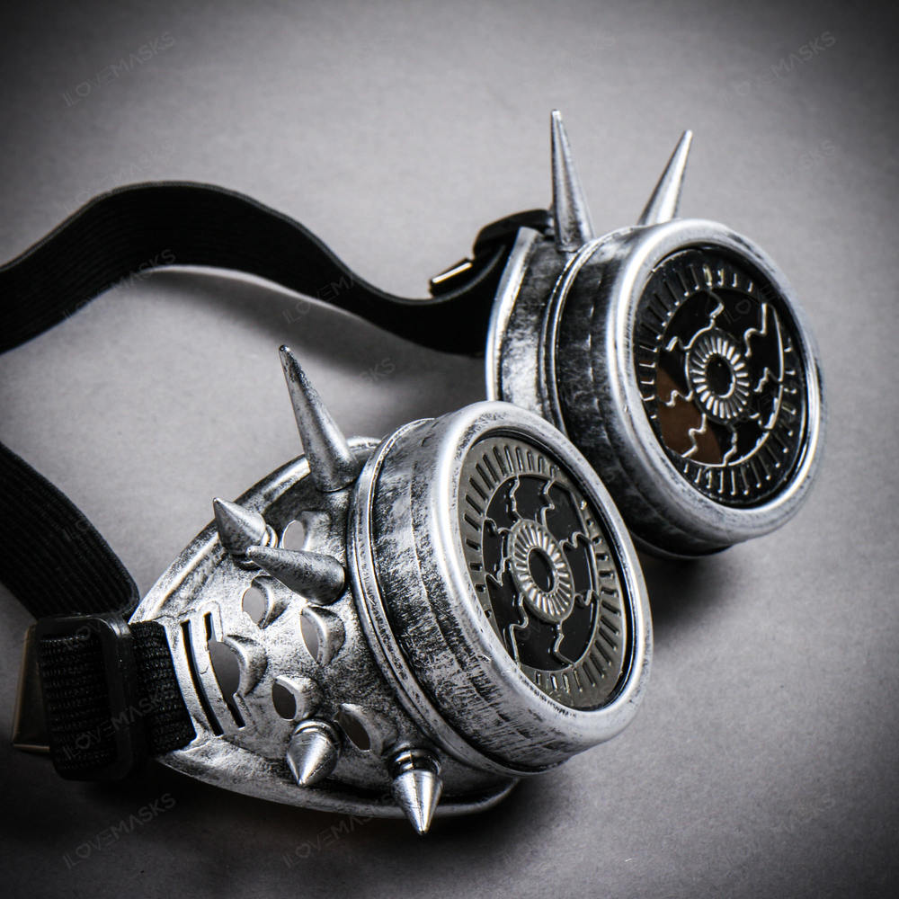 Steampunk Spikes Goggles With Evil Eyes Dark Lens - Metallic Silver - Picture 4 of 5